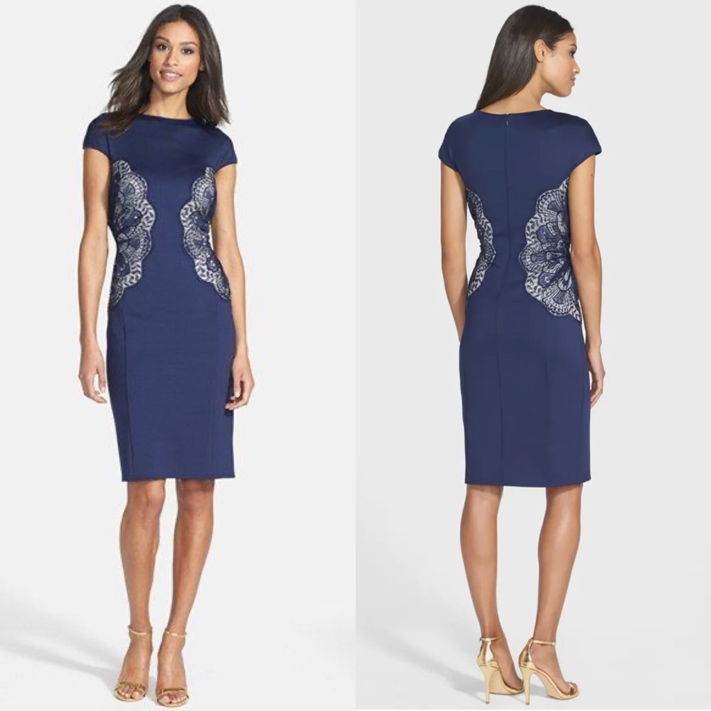 Tadashi Shoji Lace Inset Jersey Cap Sleeve Above Knee Dress Navy Blue Size 12